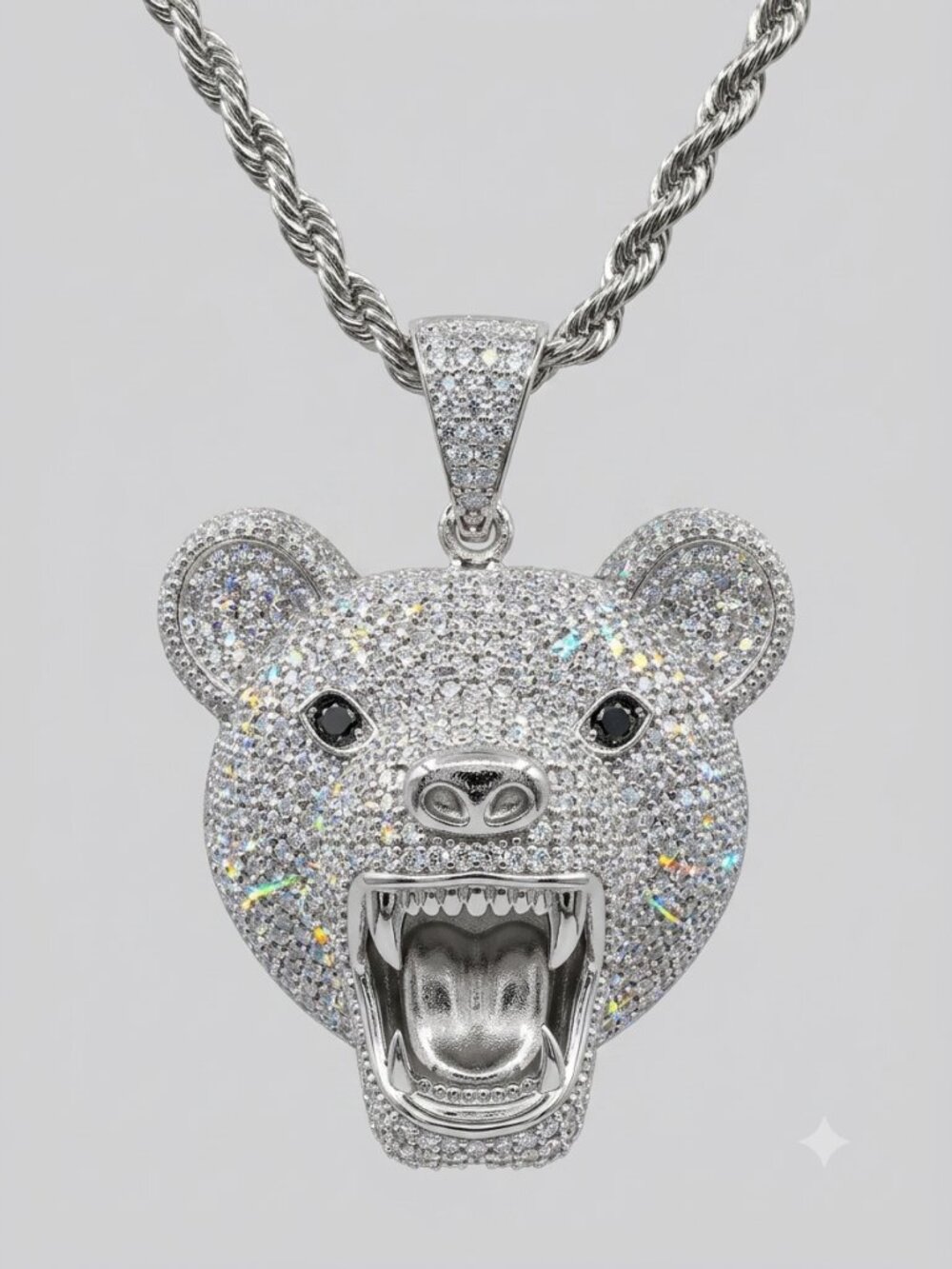 925 Silver Moissanite 10CTW Bear Pendant & Chain (31.9g)